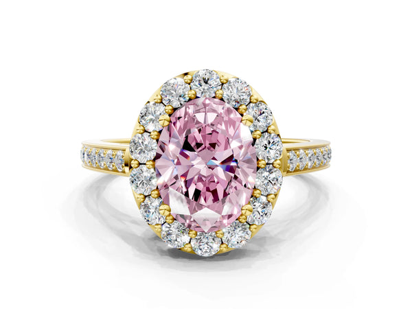 Yellow gold Fancy Pink Oval Cut Diamond Floral Halo Ring with Pavé Band and Prong Setting