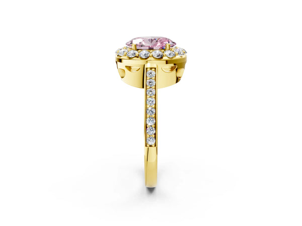 Yellow gold Fancy Pink Oval Cut Diamond Floral Halo Ring with Pavé Band and Prong Setting