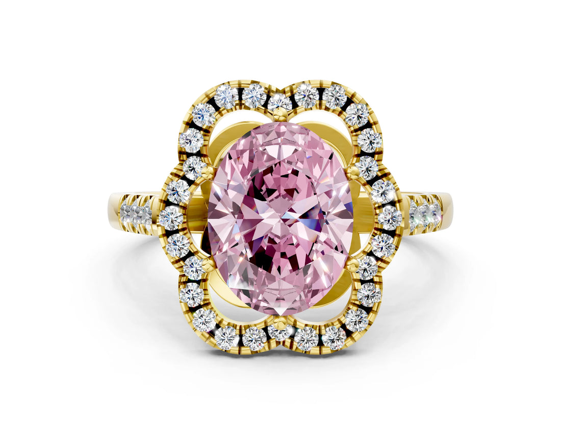 Yellow gold Fancy Pink Oval Cut Diamond Floral Halo Split Shank Prong Setting Ring