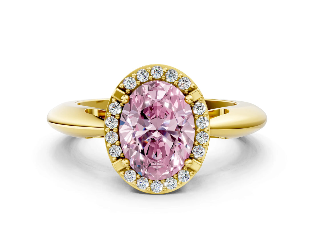 Yellow gold Fancy Pink Oval  Cut Diamond Halo Engagement Ring with Split Shank and Four-Prong Setting_91