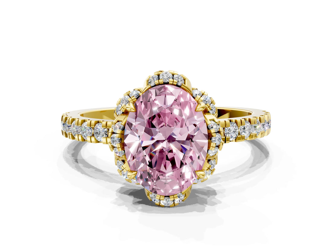 Yellow gold Fancy Pink Oval Cut Diamond Halo Pave Band with Four-Prong Setting_3