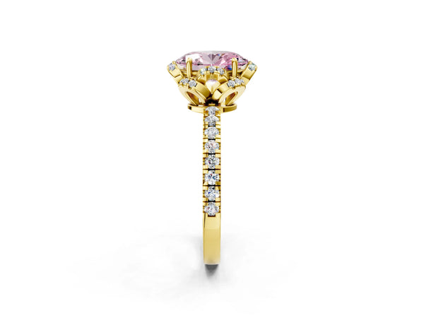 Yellow Gold Oval Four Petal Floral Halo Engagement Ring Setting for Fancy Pink Center