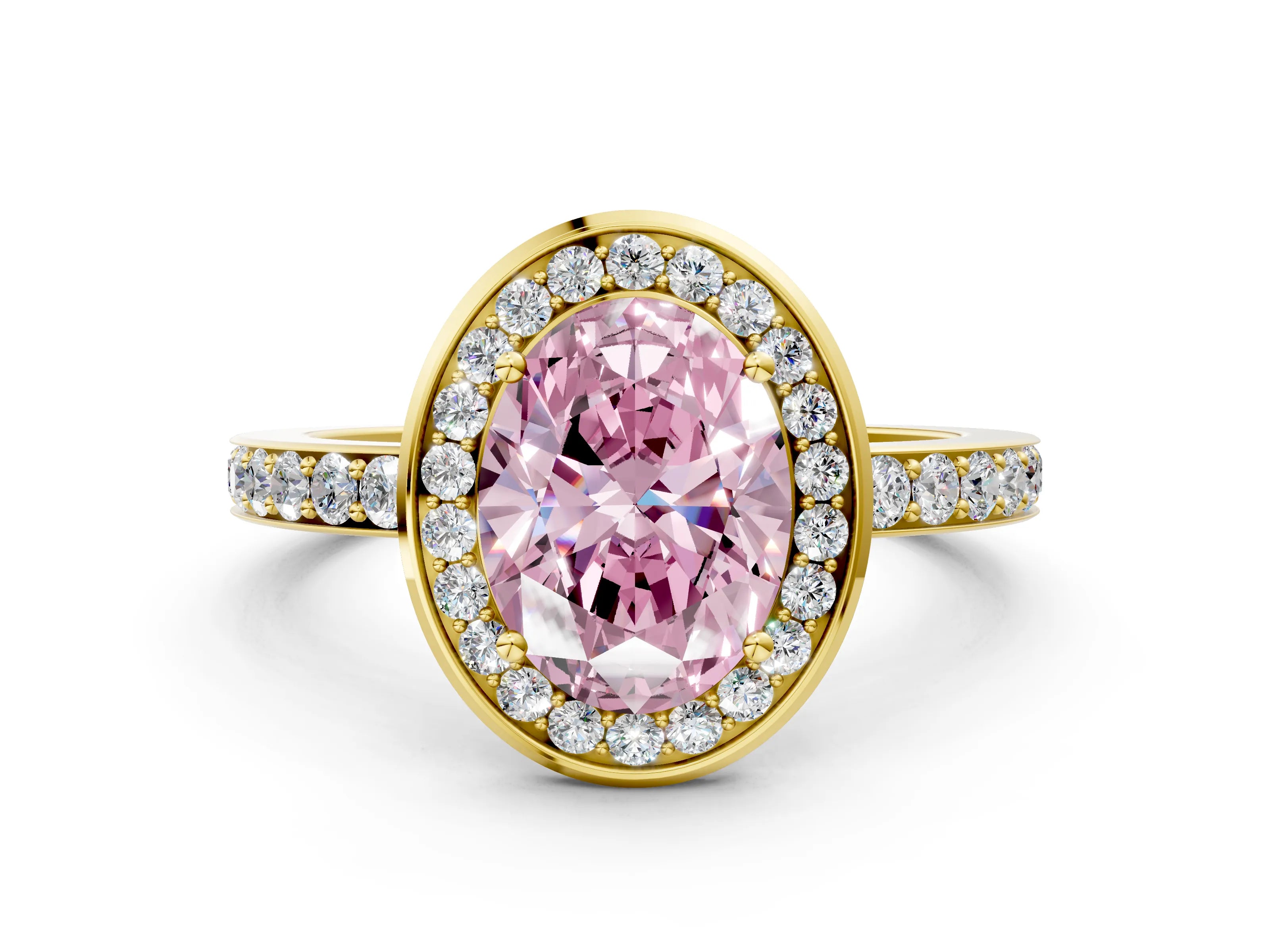 Yellow gold Fancy Pink Oval Cut Diamond Halo Ring with Bezel Frame and Pavé Band