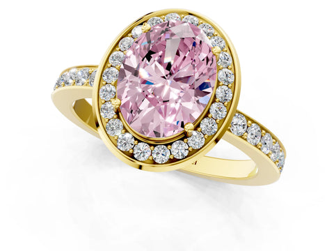 Yellow gold Fancy Pink Oval Cut Diamond Halo Ring with Bezel Frame and Pavé Band_1