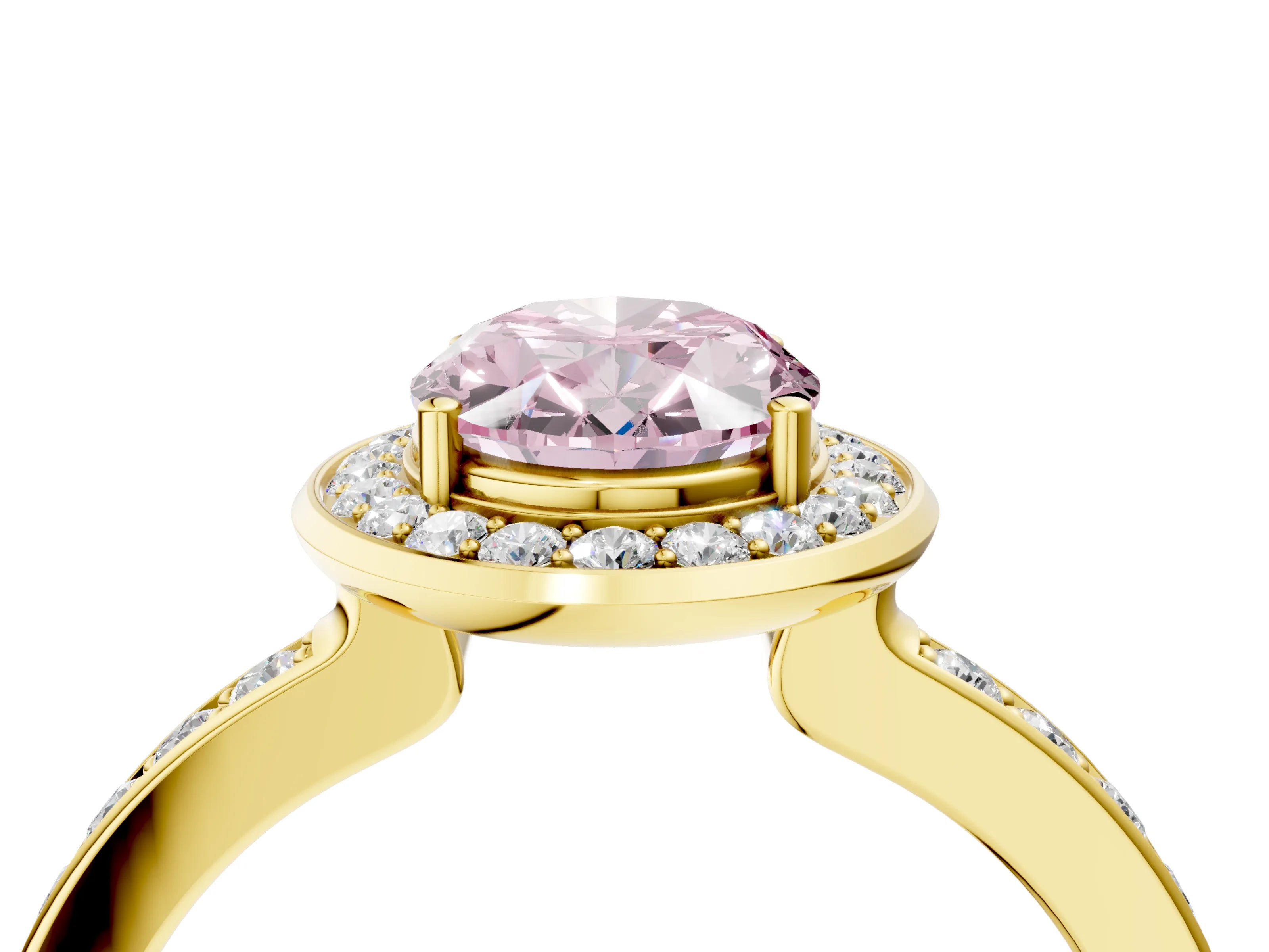 Yellow gold Fancy Pink Oval Cut Diamond Halo Ring with Bezel Frame and Pavé Band_4