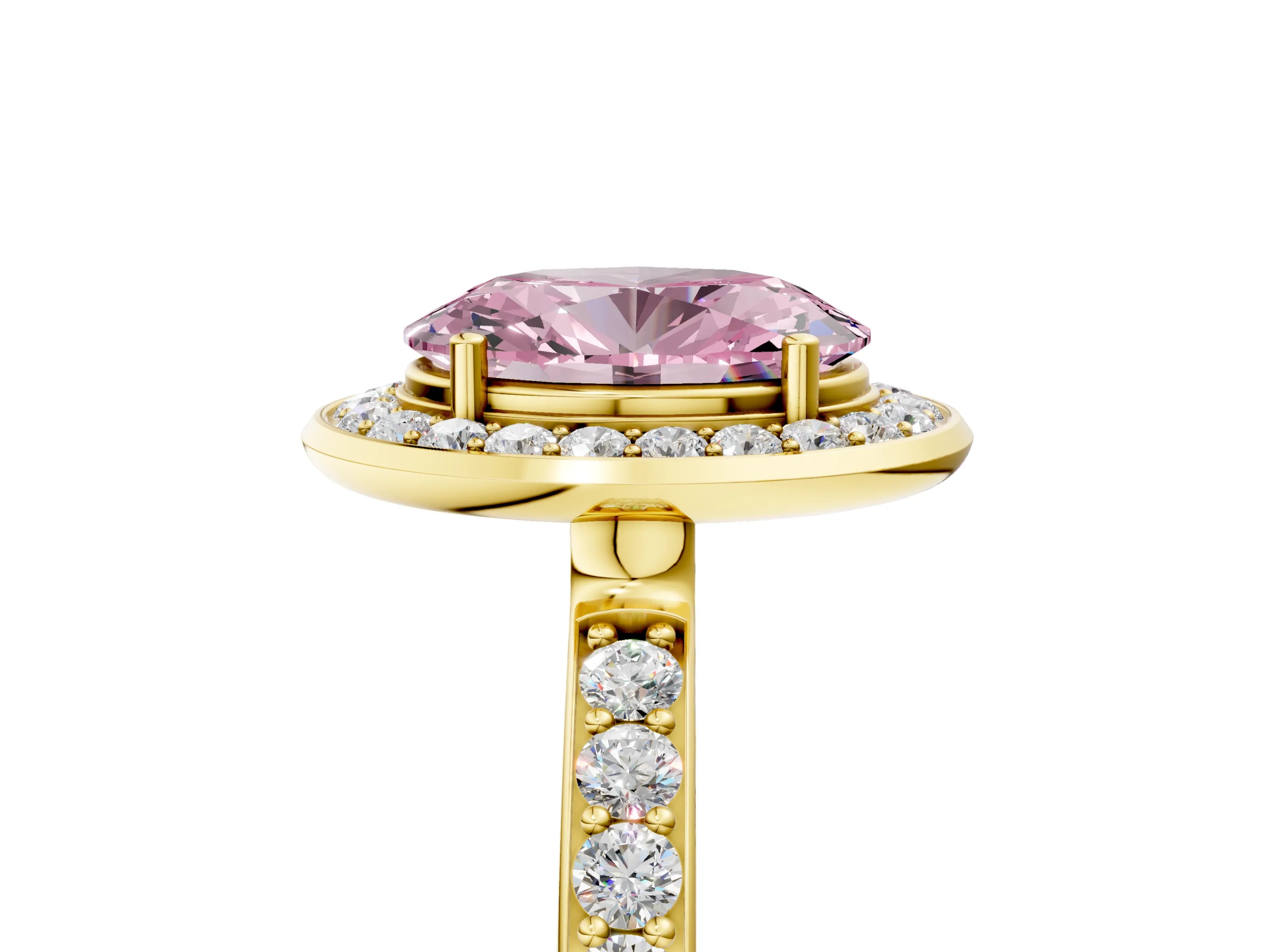 Yellow gold Fancy Pink Oval Cut Diamond Halo Ring with Bezel Frame and Pavé Band_5
