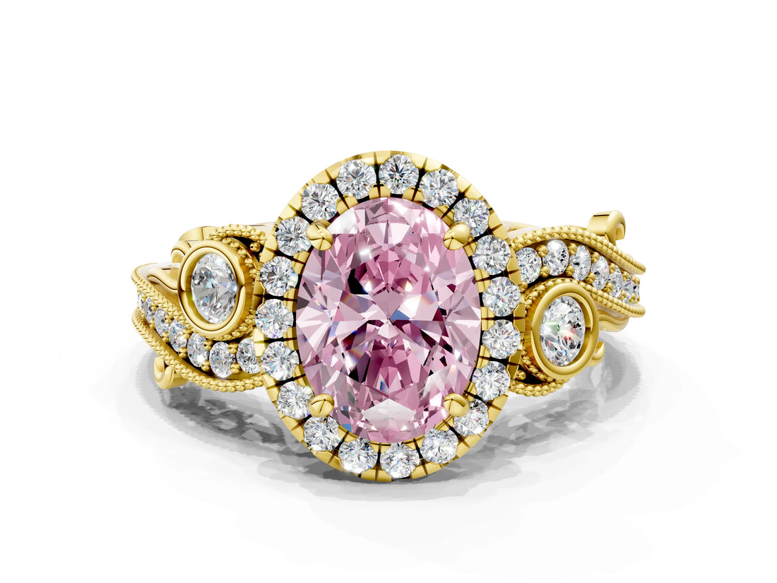 Yellow gold Fancy Pink Oval Cut Diamond Halo Ring with Milgrain Pavé Band and Four-Prong Setting_54