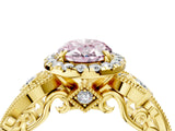 Yellow gold Fancy Pink Oval Cut Diamond Halo Ring with Milgrain Pavé Band and Four-Prong Setting_58