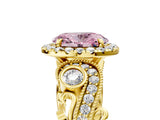 Yellow gold Fancy Pink Oval Cut Diamond Halo Ring with Milgrain Pavé Band and Four-Prong Setting_59