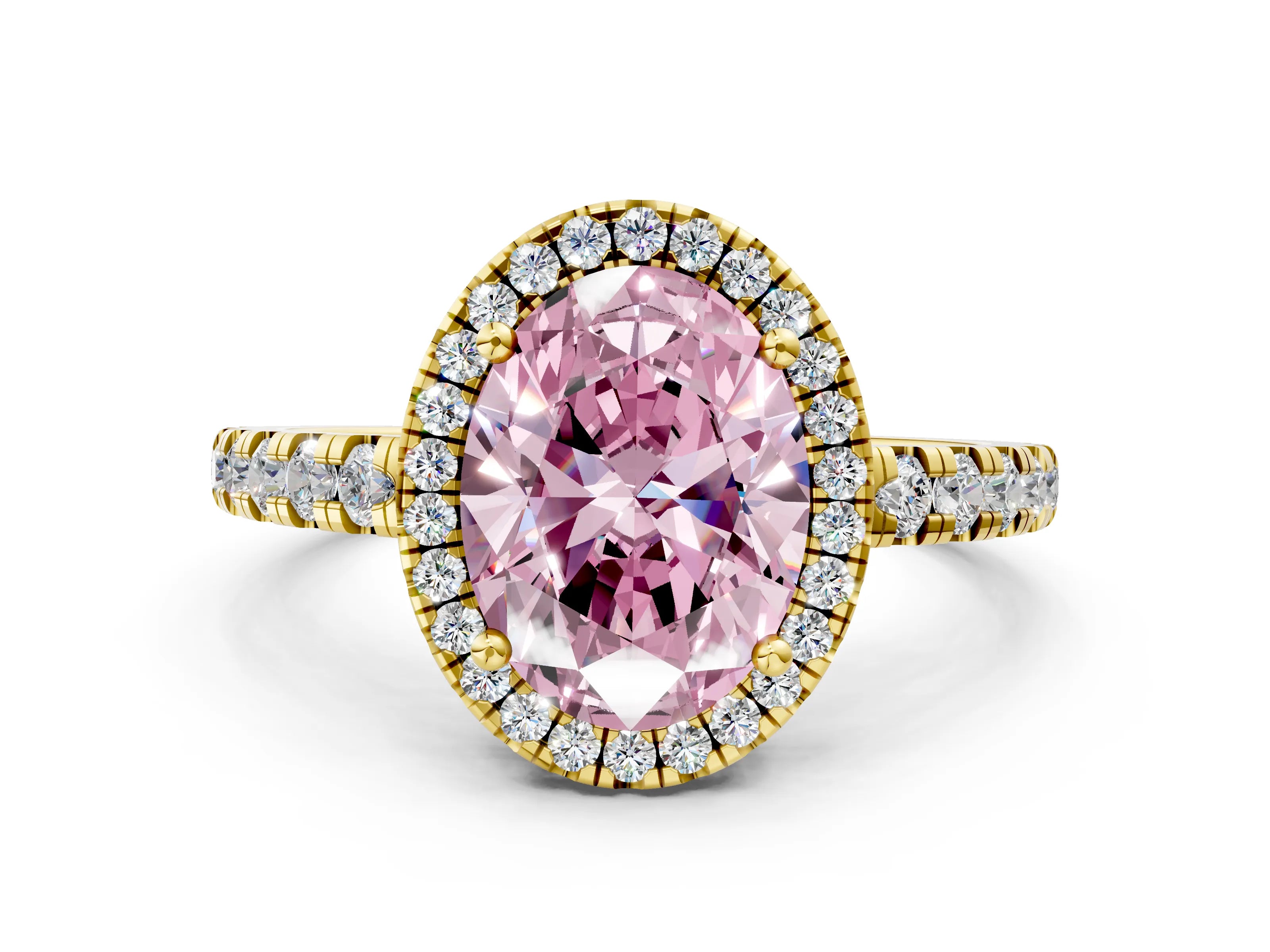 Yellow gold Fancy Pink Oval Cut Diamond Halo Ring with Pavé Band and Four-Prong Setting