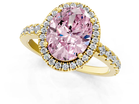 Yellow gold Fancy Pink Oval Cut Diamond Halo Ring with Pavé Band and Four-Prong Setting_1
