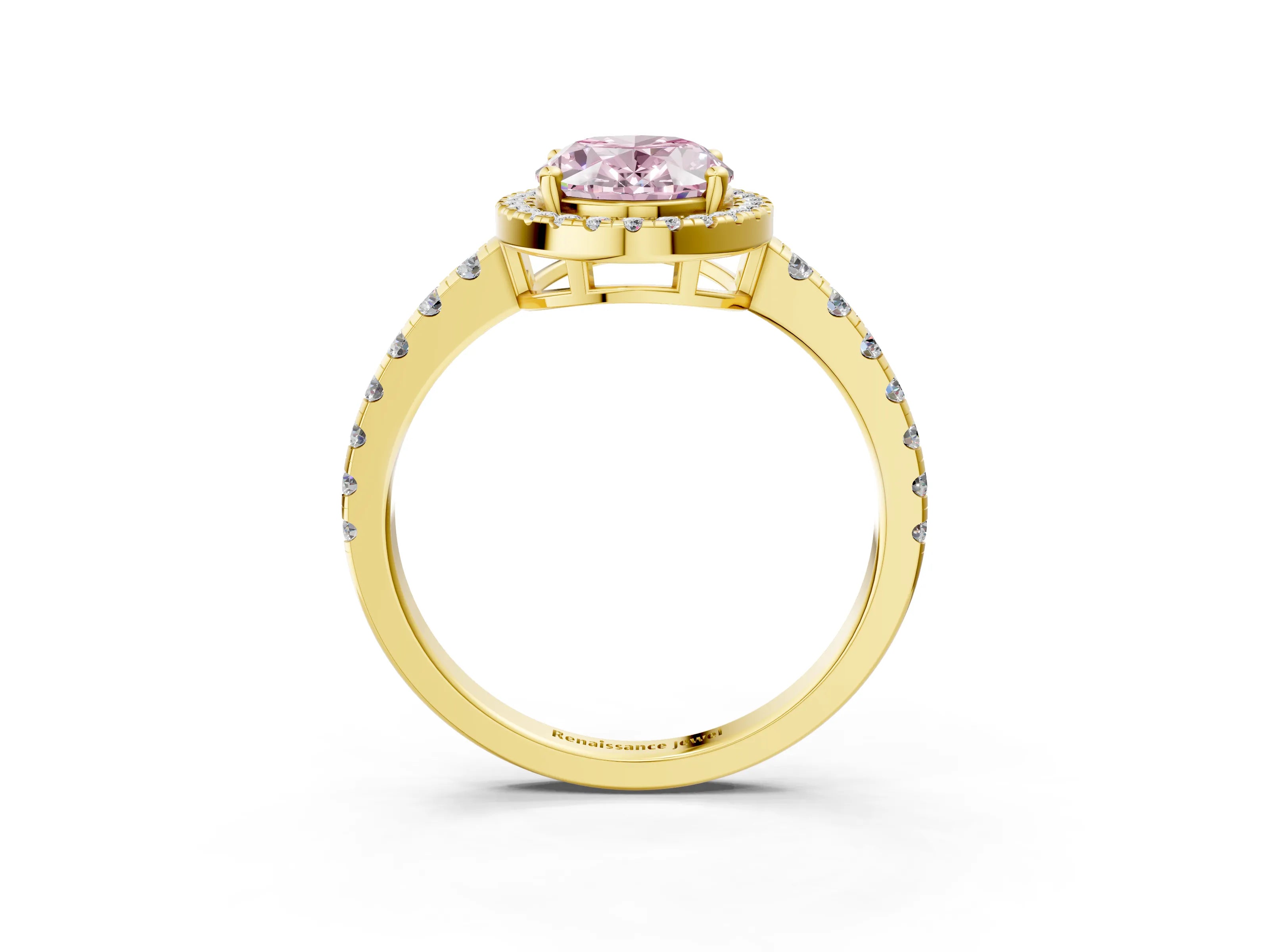 Yellow gold Fancy Pink Oval Cut Diamond Halo Ring with Pavé Band and Four-Prong Setting_3