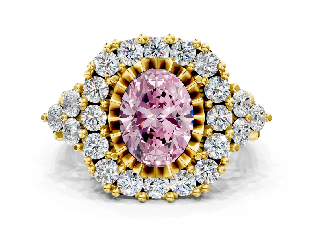 Yellow gold Fancy Pink Oval Cut Diamond Halo Ring with Pavé Band and Four-Prong Setting_41