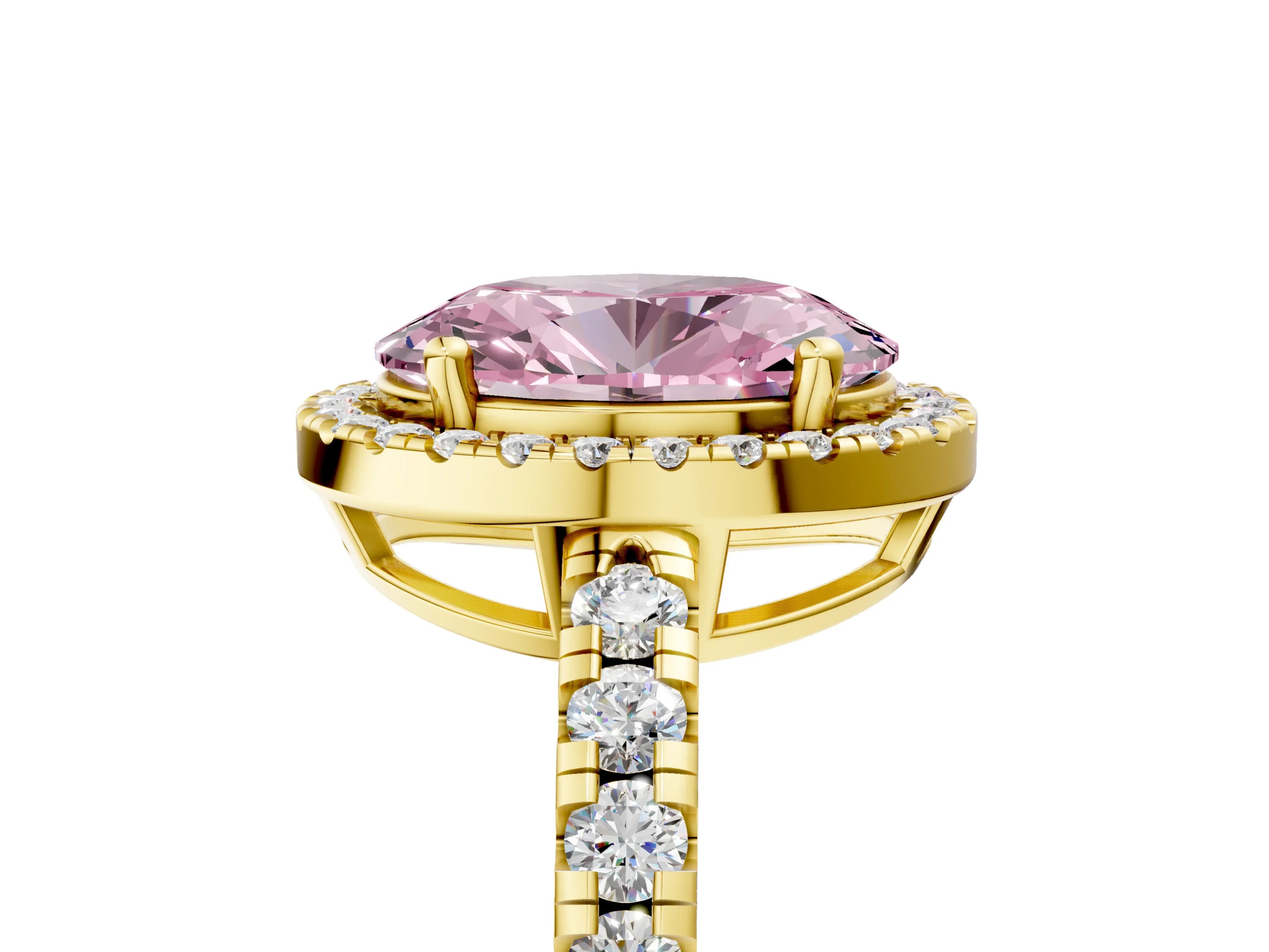 Yellow gold Fancy Pink Oval Cut Diamond Halo Ring with Pavé Band and Four-Prong Setting_5