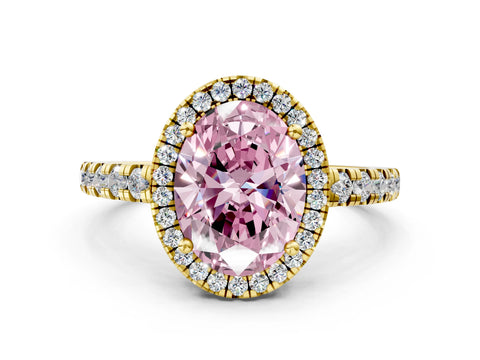 Yellow gold Fancy Pink Oval Cut Diamond Halo Ring with Pavé Band and Four-Prong Setting
