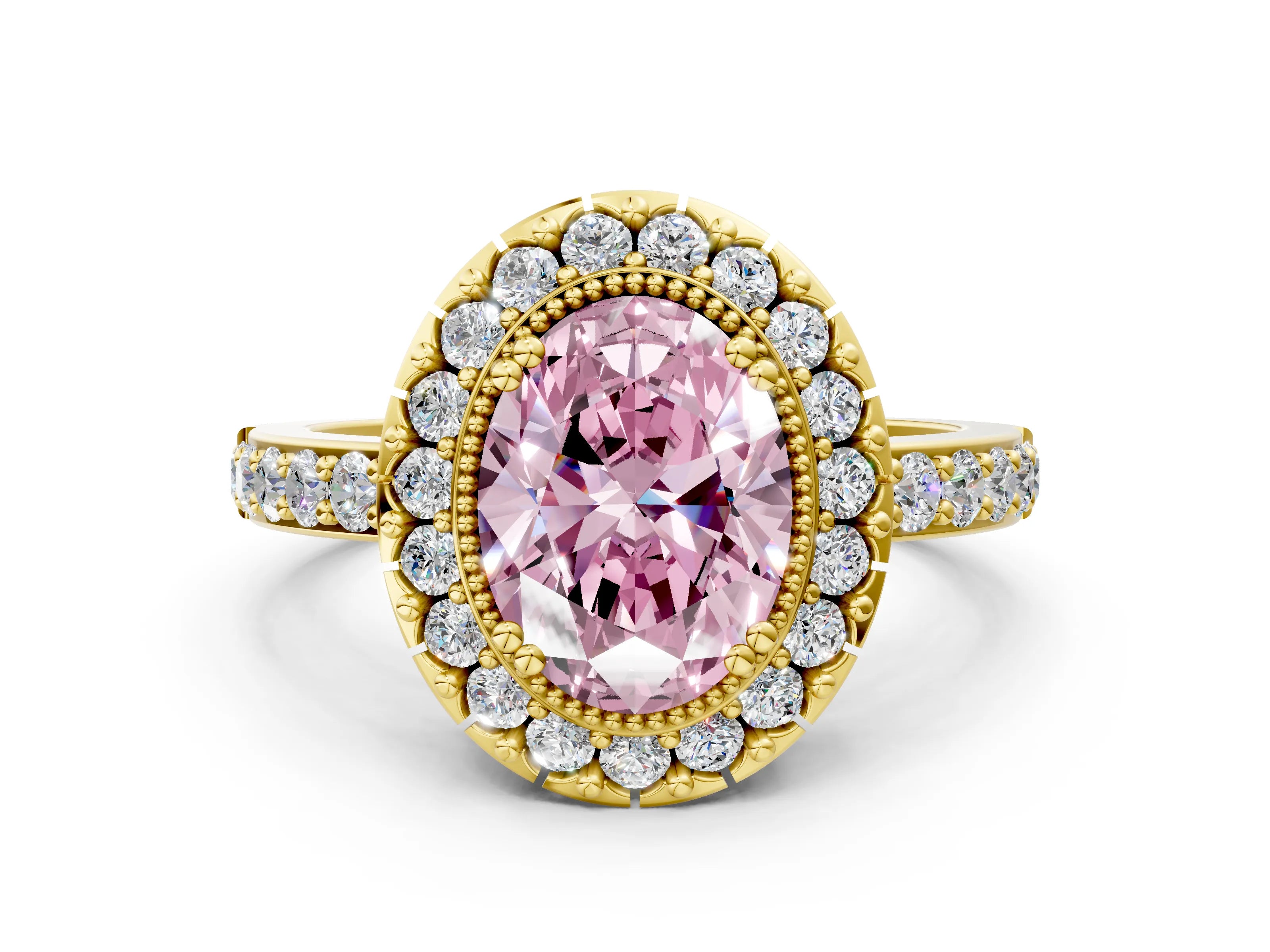 Yellow gold Fancy Pink Oval Cut Diamond Halo Ring with Pavé Band and Prong Setting
