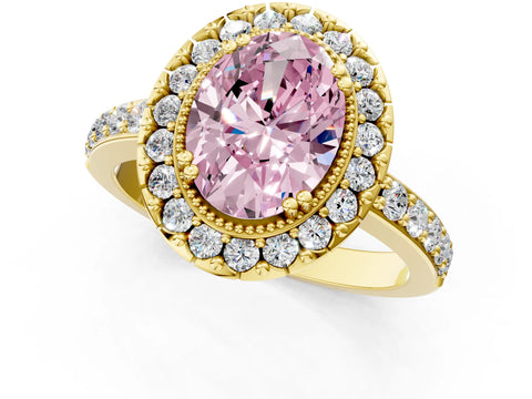Yellow gold Fancy Pink Oval Cut Diamond Halo Ring with Pavé Band and Prong Setting_1