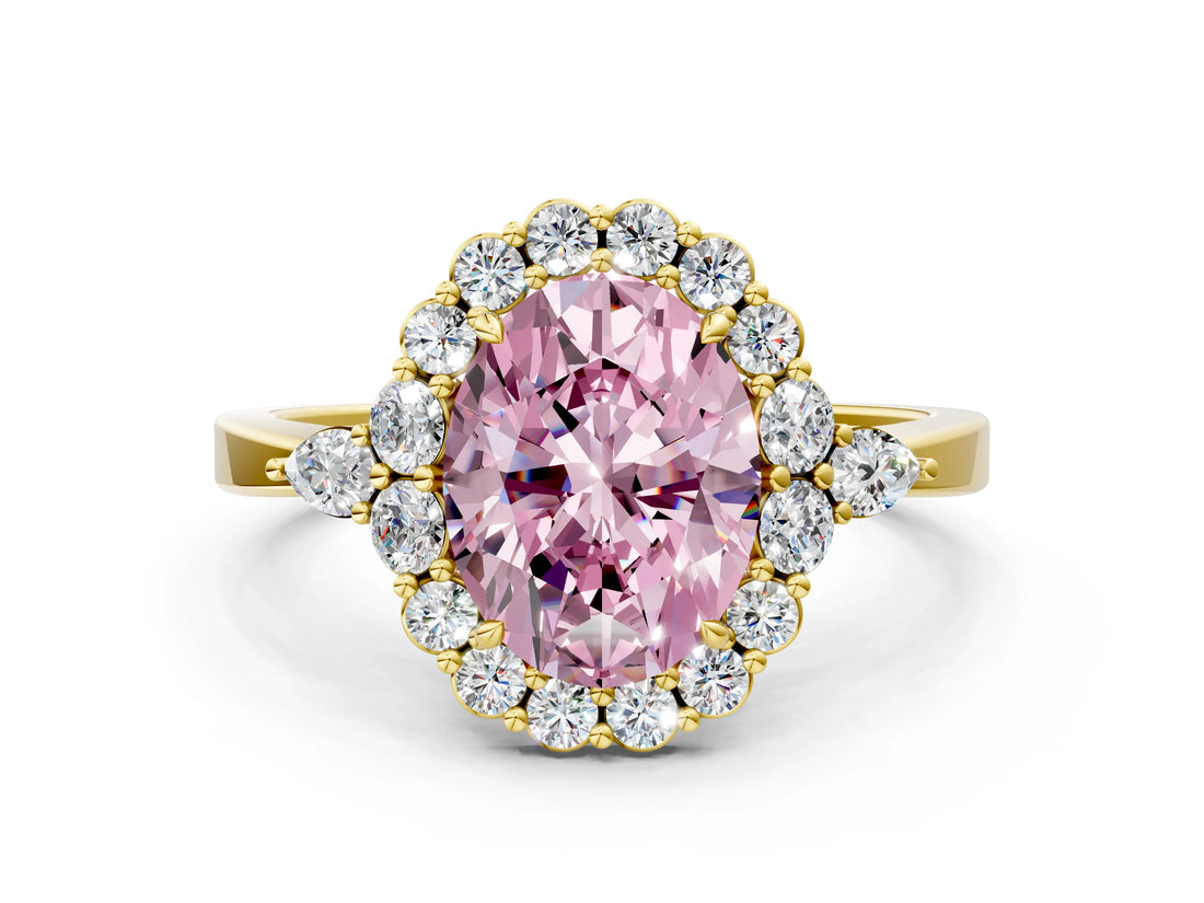 Yellow gold Fancy Pink Oval Cut Diamond Halo Ring with Pear Side Stones and Prong Setting_71