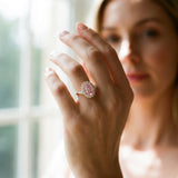 Yellow gold Fancy Pink Oval Cut Diamond Halo Ring with Pear Side Stones and Prong Setting_85