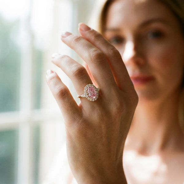 Yellow Gold Oval Halo Engagement Ring Setting for Fancy Pink Center with Pear Accents