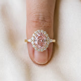 Yellow gold Fancy Pink Oval Cut Diamond Halo Ring with Pear Side Stones and Prong Setting_86