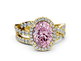 Yellow gold Fancy Pink Oval Cut Diamond Halo Ring with Round Split Shank and Prong Setting_48