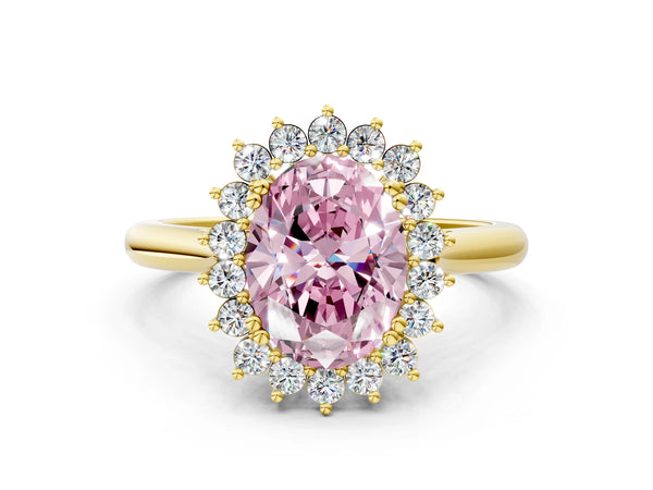 Yellow gold Fancy Pink Oval  Cut Diamond Halo Ring with Solitaire Band and Prong Setting