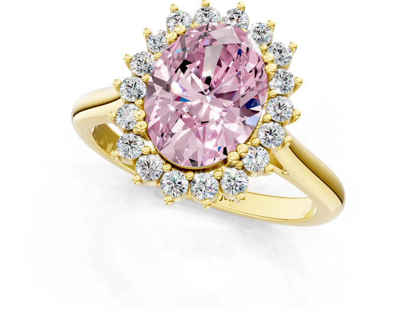 Yellow gold Fancy Pink Oval  Cut Diamond Halo Ring with Solitaire Band and Prong Setting
