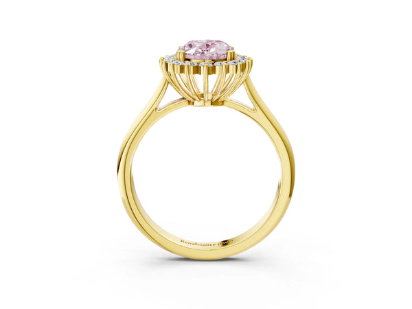 Yellow gold Fancy Pink Oval  Cut Diamond Halo Ring with Solitaire Band and Prong Setting