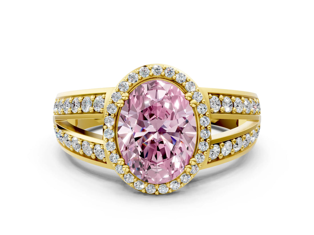 Yellow gold Fancy Pink Oval Cut Diamond Halo Ring with Split Shank Pavé Band and Four-Prong Setting