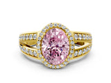 Yellow gold Fancy Pink Oval Cut Diamond Halo Ring with Split Shank Pavé Band and Four-Prong Setting