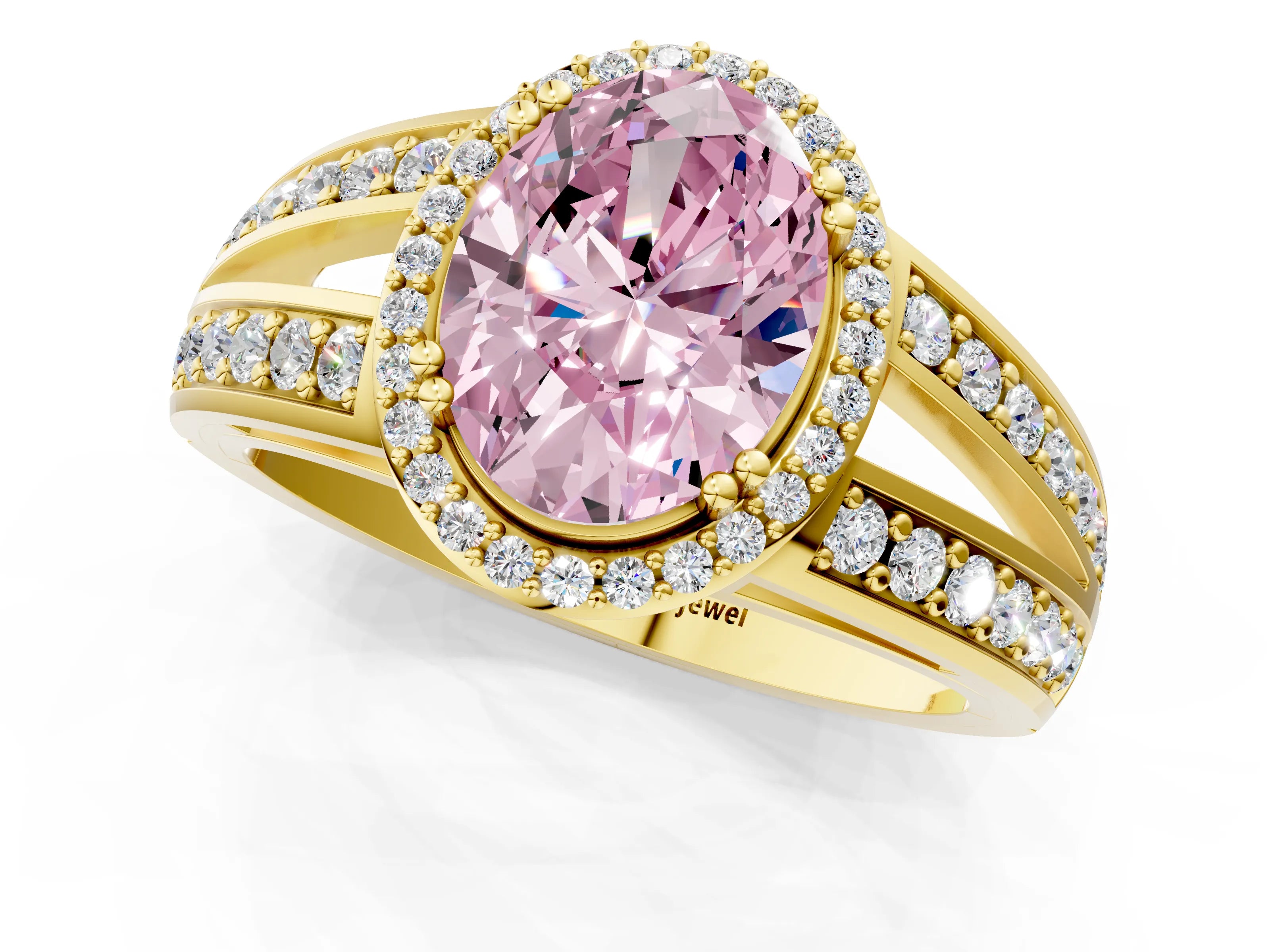 Yellow gold Fancy Pink Oval Cut Diamond Halo Ring with Split Shank Pavé Band and Four-Prong Setting_1