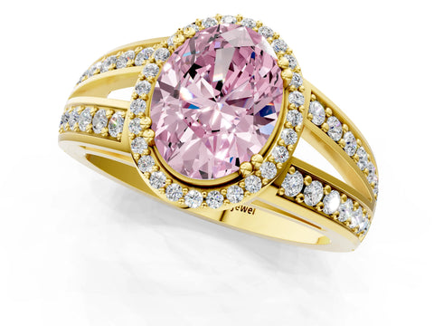 Yellow gold Fancy Pink Oval Cut Diamond Halo Ring with Split Shank Pavé Band and Four-Prong Setting_1