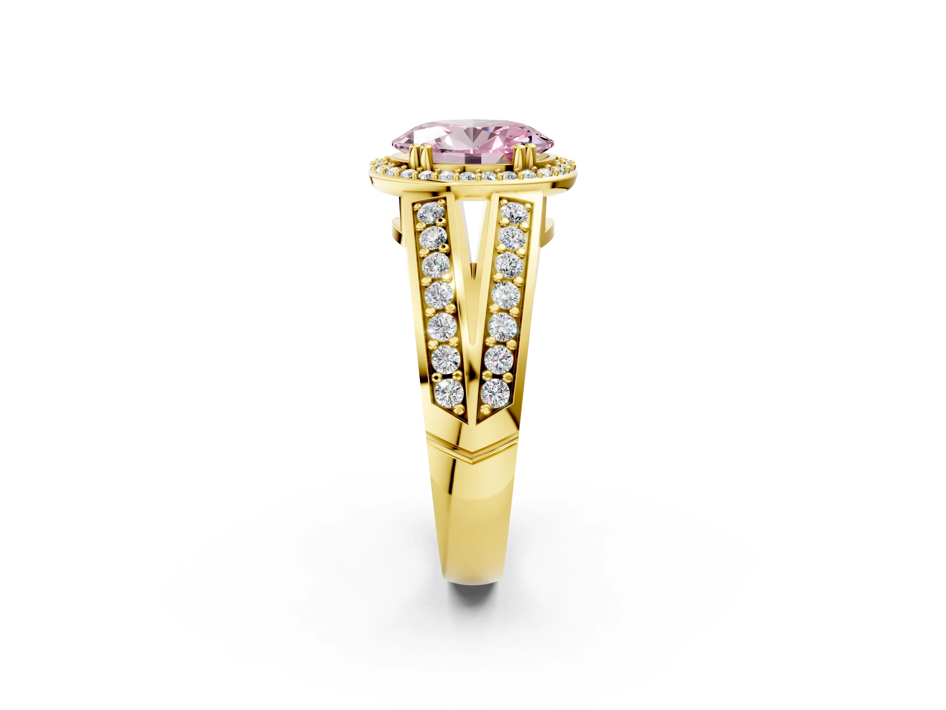 Yellow gold Fancy Pink Oval Cut Diamond Halo Ring with Split Shank Pavé Band and Four-Prong Setting_2