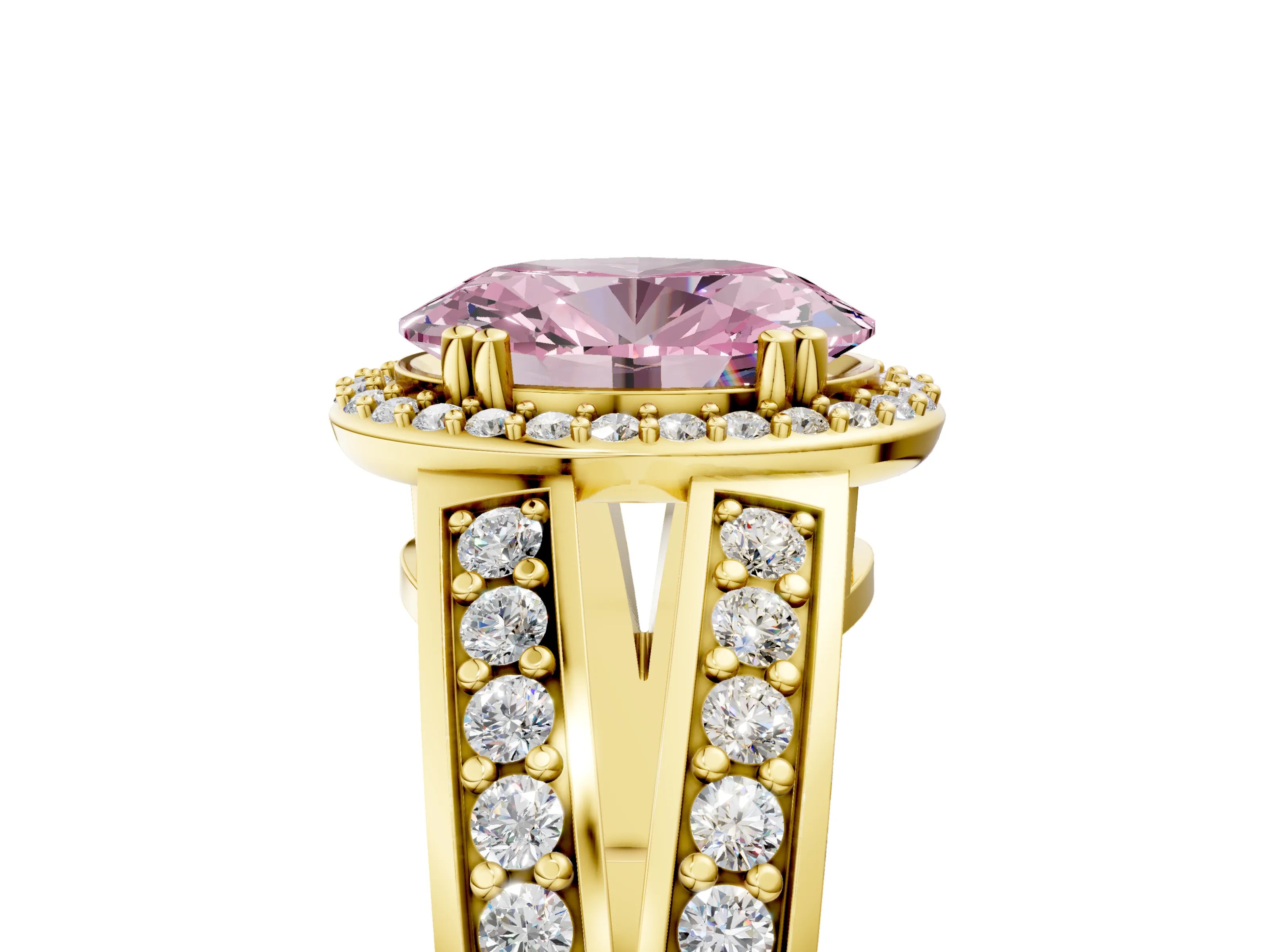 Yellow gold Fancy Pink Oval Cut Diamond Halo Ring with Split Shank Pavé Band and Four-Prong Setting_5