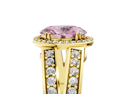 Yellow gold Fancy Pink Oval Cut Diamond Halo Ring with Split Shank Pavé Band and Four-Prong Setting_5