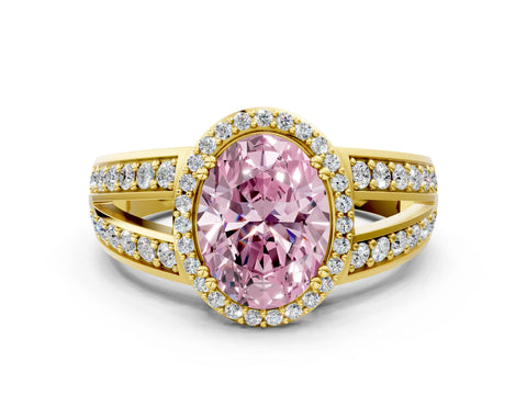 Yellow gold Fancy Pink Oval Cut Diamond Halo Ring with Split Shank Pavé Band and Four-Prong Setting