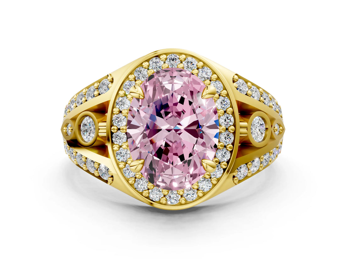 Yellow gold Fancy Pink Oval Cut Diamond Halo Ring with Split Shank and Bezel Accents and Four-Prong Setting