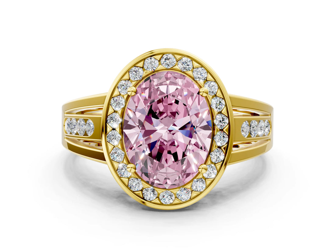 Yellow gold Fancy Pink Oval Cut Diamond Halo Ring with Split Shank and Bezel Accents and Prong Setting