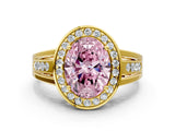 Yellow gold Fancy Pink Oval Cut Diamond Halo Ring with Split Shank and Bezel Accents and Prong Setting