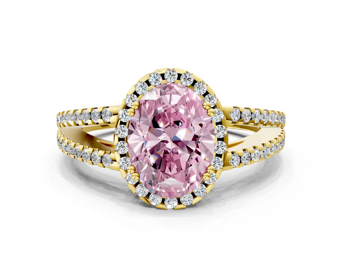 Yellow gold Fancy Pink Oval Cut Diamond Halo Split Shank Engagement Ring_39