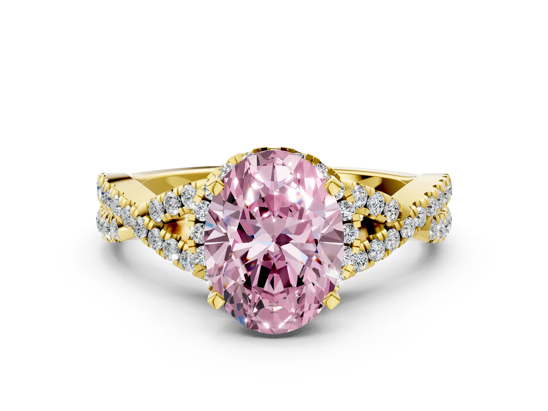 Yellow gold Fancy Pink Oval Cut Diamond  Halo Twist Band Solitaire Prong Setting Ring_42