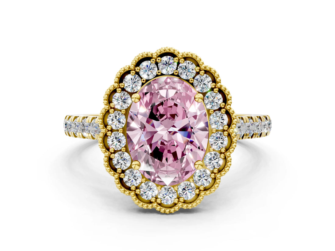 Yellow gold Fancy Pink Oval  Cut Diamond Milgrain Floral Halo Engagement Ring with Pavé Band_15