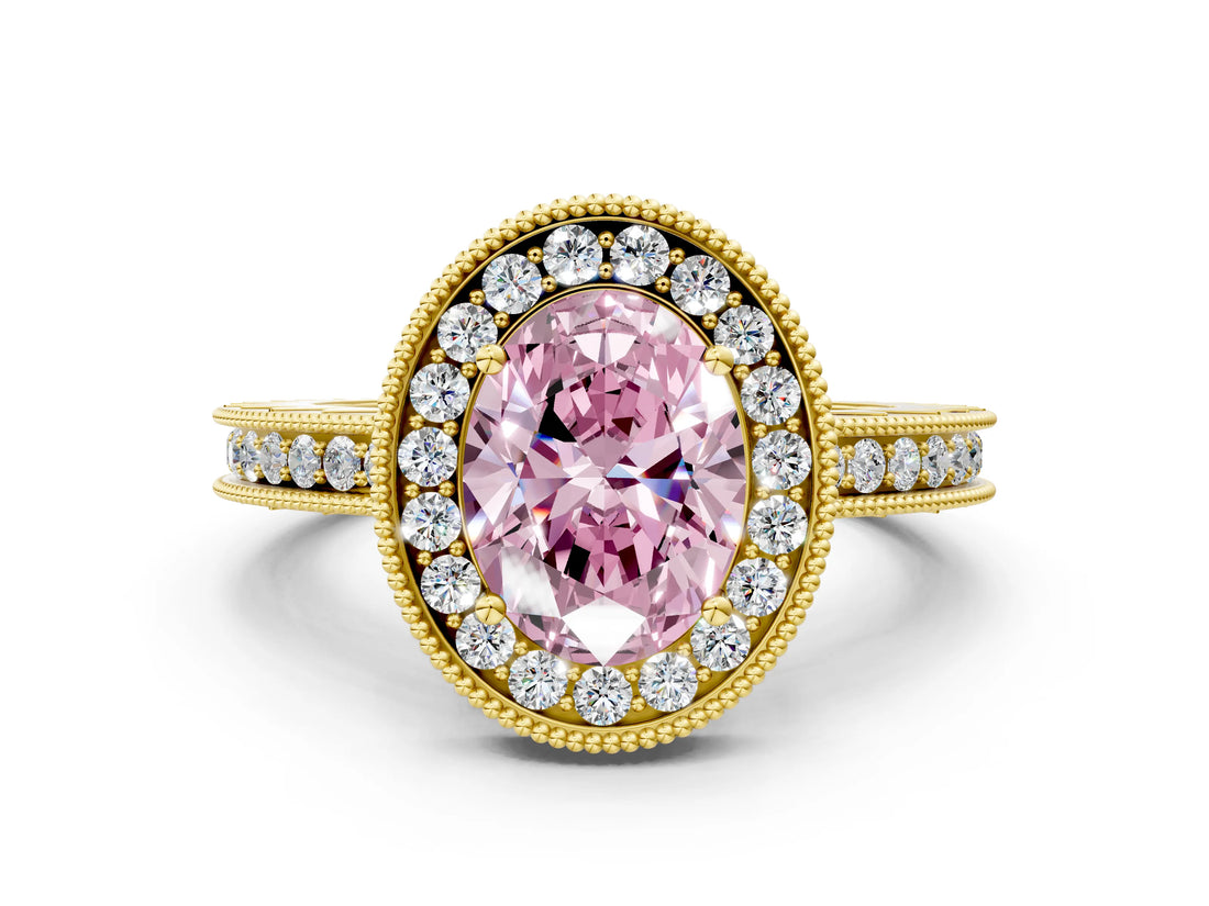 Yellow gold Fancy Pink Oval Cut Diamond Milgrain Halo Engagement Ring with Round Pavé Band and Prong Setting_12