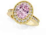 Yellow gold Fancy Pink Oval Cut Diamond Milgrain Halo Engagement Ring with Round Pavé Band and Prong Setting_13