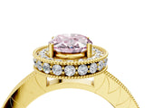 Yellow gold Fancy Pink Oval Cut Diamond Milgrain Halo Engagement Ring with Round Pavé Band and Prong Setting_16