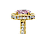 Yellow gold Fancy Pink Oval Cut Diamond Milgrain Halo Engagement Ring with Round Pavé Band and Prong Setting_17