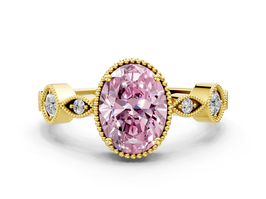 Yellow gold Fancy Pink Oval  Cut Diamond Milgrain Marquise Band with Prong Setting_3