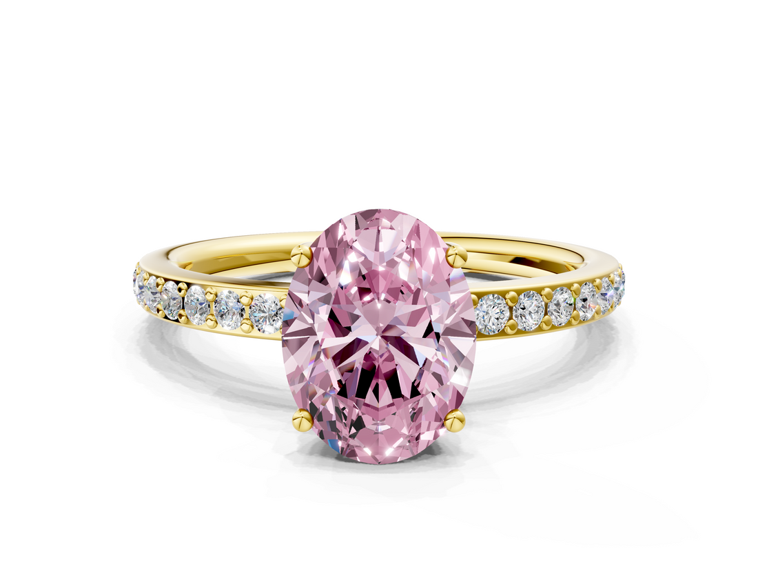 Yellow gold Fancy Pink Oval  Cut Diamond Pavé Band Ring with Four-Prong Setting_23