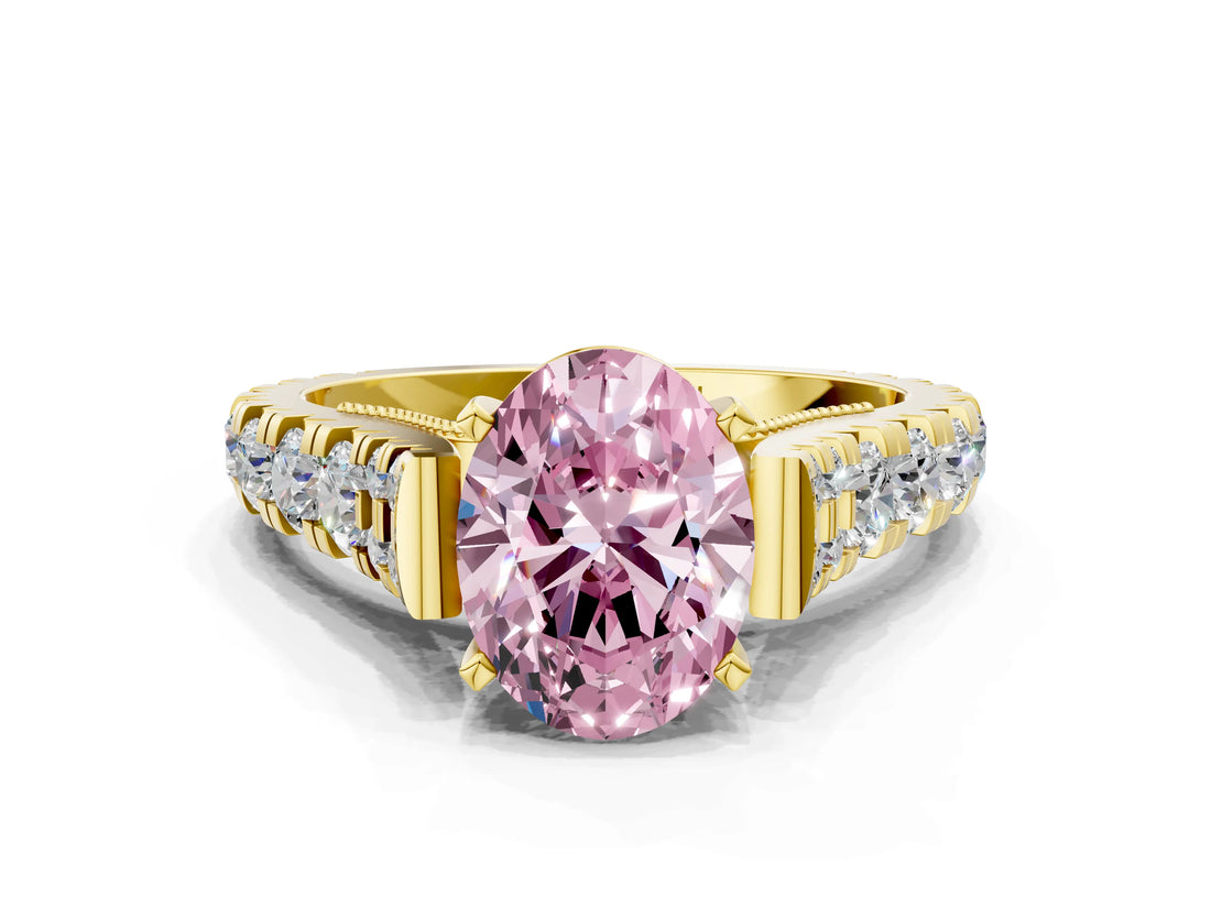 Yellow gold Fancy Pink Oval  Cut Diamond Pavé Band Solitaire with Four-Prong Setting_15
